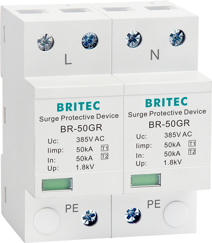 BRITEC BR-50GR 275 2P Spd 50kA نوع 1 جهاز حماية الطفرة AC Din السكك الحديدية صواعق صواعق الرعد حامي