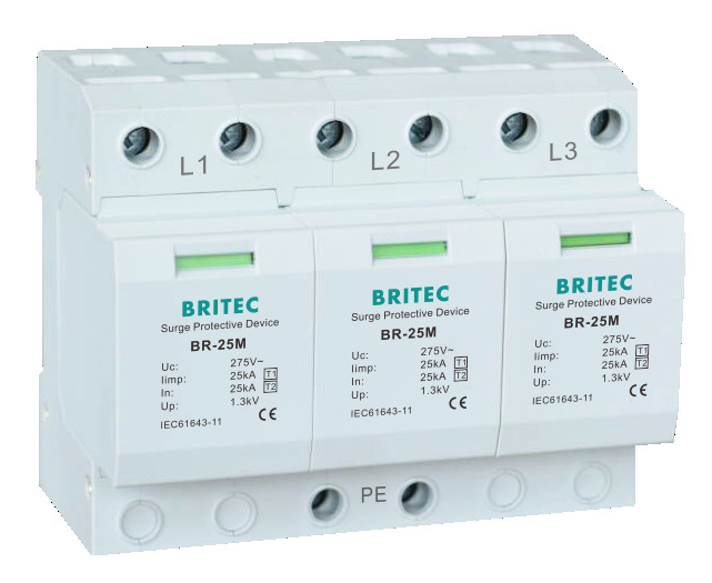 BRITEC BR-25M T1+T2 B+C 3P DIN Rail 35mm Spd T1 Varistor Surge arrester type1 3p حماية الزيادة