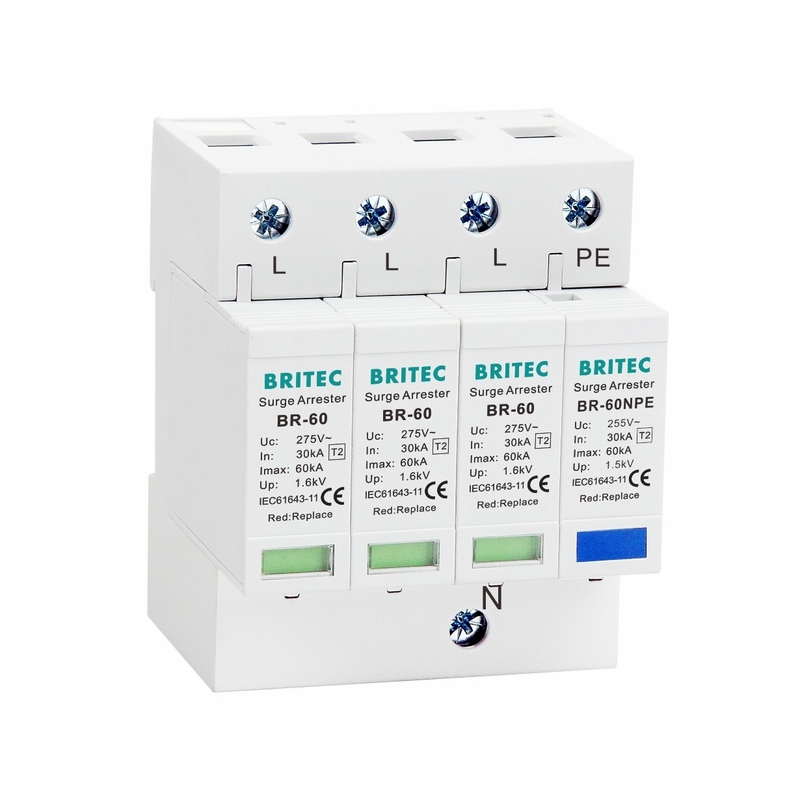 60KA Type 2 جهاز حماية الطفرة T2 Class II 3P + NPE Surge Protector