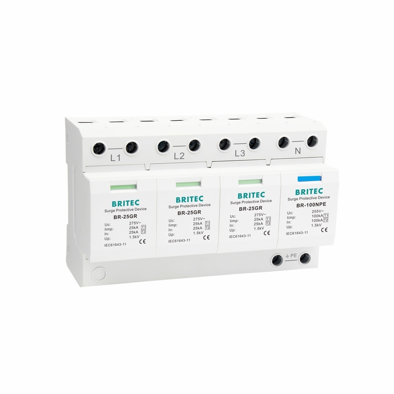 BR-25GR 3P + 1 نوع 1 جهاز حماية من التفوق SPD Thunder Arrester فجوة الشرارة spd فئة 1 واقي البرق