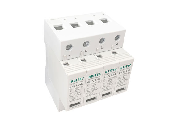 جهاز الحماية من زيادة التيار الكهربائي AC 275V SPD مع 40KA الحد الأقصى لتفريغ التيار ومؤشر مرئي ميكانيكي 4 قطب