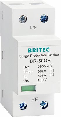 BRITEC BR-50GR 275 2P Spd 50kA نوع 1 جهاز حماية الطفرة AC Din السكك الحديدية صواعق صواعق الرعد حامي