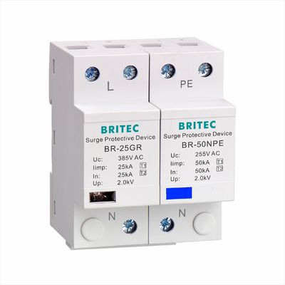 BRITEC BR-50GR 275 2P Spd 50kA نوع 1 جهاز حماية الطفرة AC Din السكك الحديدية صواعق صواعق الرعد حامي