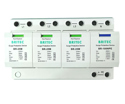 BRITEC BR-25M 3+1 نوع 1 جهاز حماية من زيادة التيار مع وحدة قابلة للتوصيل بقدرة 25 كيلو أمبير Iimp من النوع 1 وواقي من زيادة التيار