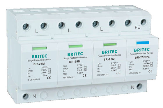 25kA T1 + T2 Surge Arrester DIN Rail Mount Lightning Protector لنظم التيار المتردد المنخفض الجهد